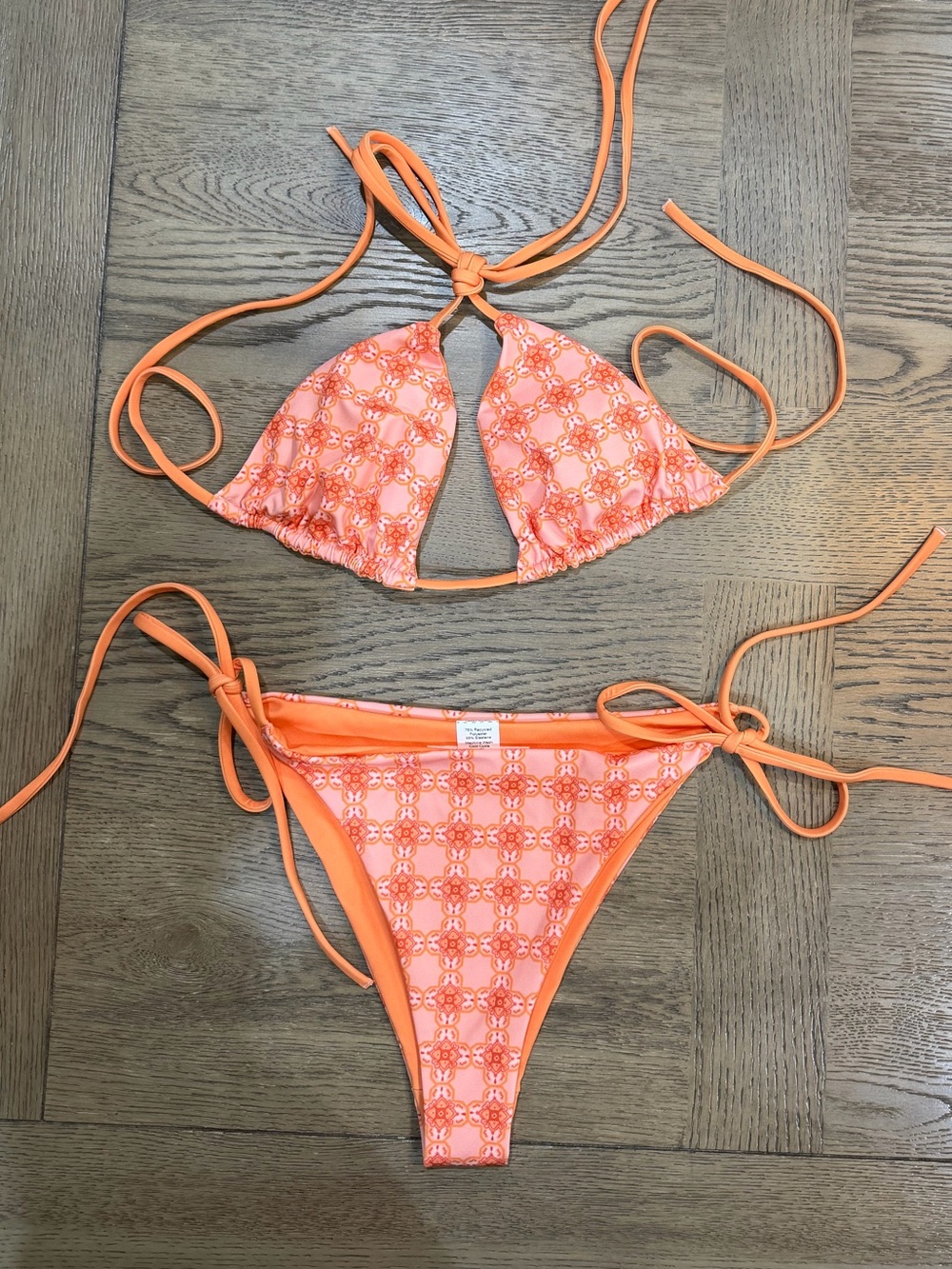 By Grey Pink & Orange Tile Printed Tie-Side Recycled Triangle String Bikini Set